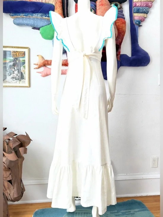 Vintage YOUNG EDWARDIAN DRESS Pinafore Ruffles Embroidered Birds 1970s Boho XS/S - Picture 6 of 11